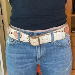 White Weathered Belt Adorned w/ Furry Hearts &Gems